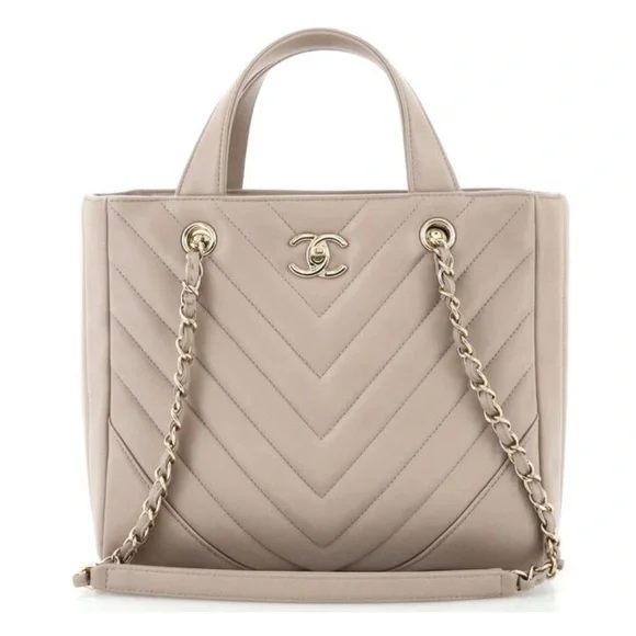 CHANEL Taupe CC Lambskin Chevron Quilted Leather Chain Statement Shopper Tote - Picture 2 of 15